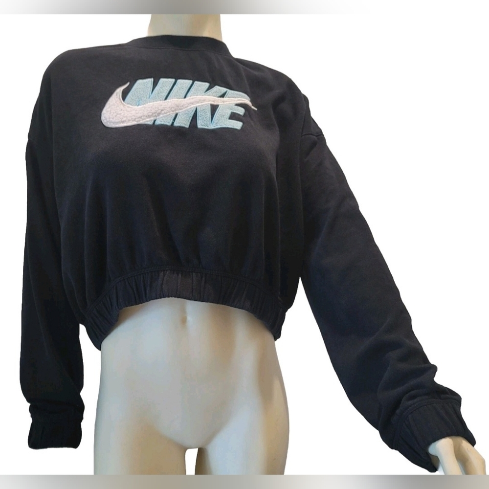 VTG Nike Sherpa Swoosh Cropped Ribbed Waist Black Sweatshirt Women Large